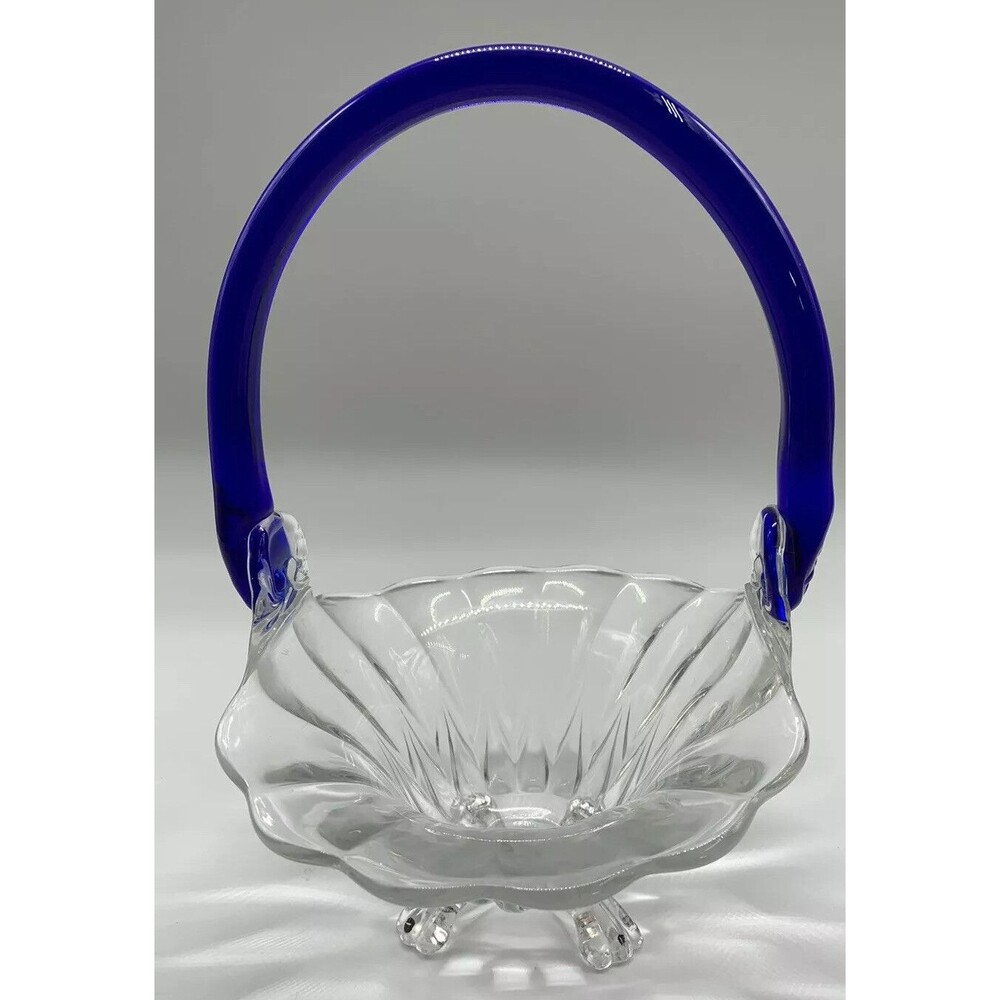Vintage Clear And Cobalt Blue Glass New Martinsville JANICE 9" Basket c 1935